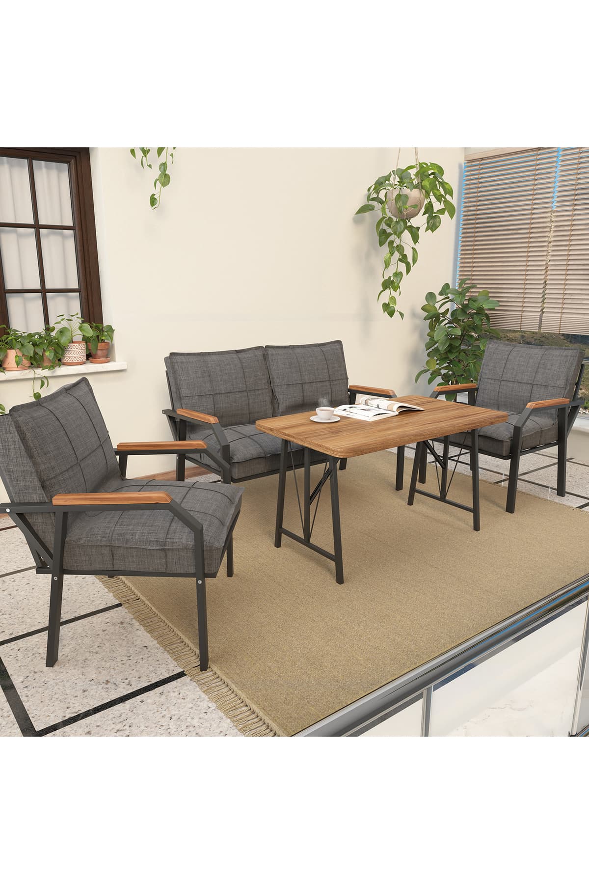 Mygusi Hayal Balkon, Cafe, Metal Kanepe Koltuk Takımı , Bahçe Mobilyası, 2+1+1 + 70x110 Masalı