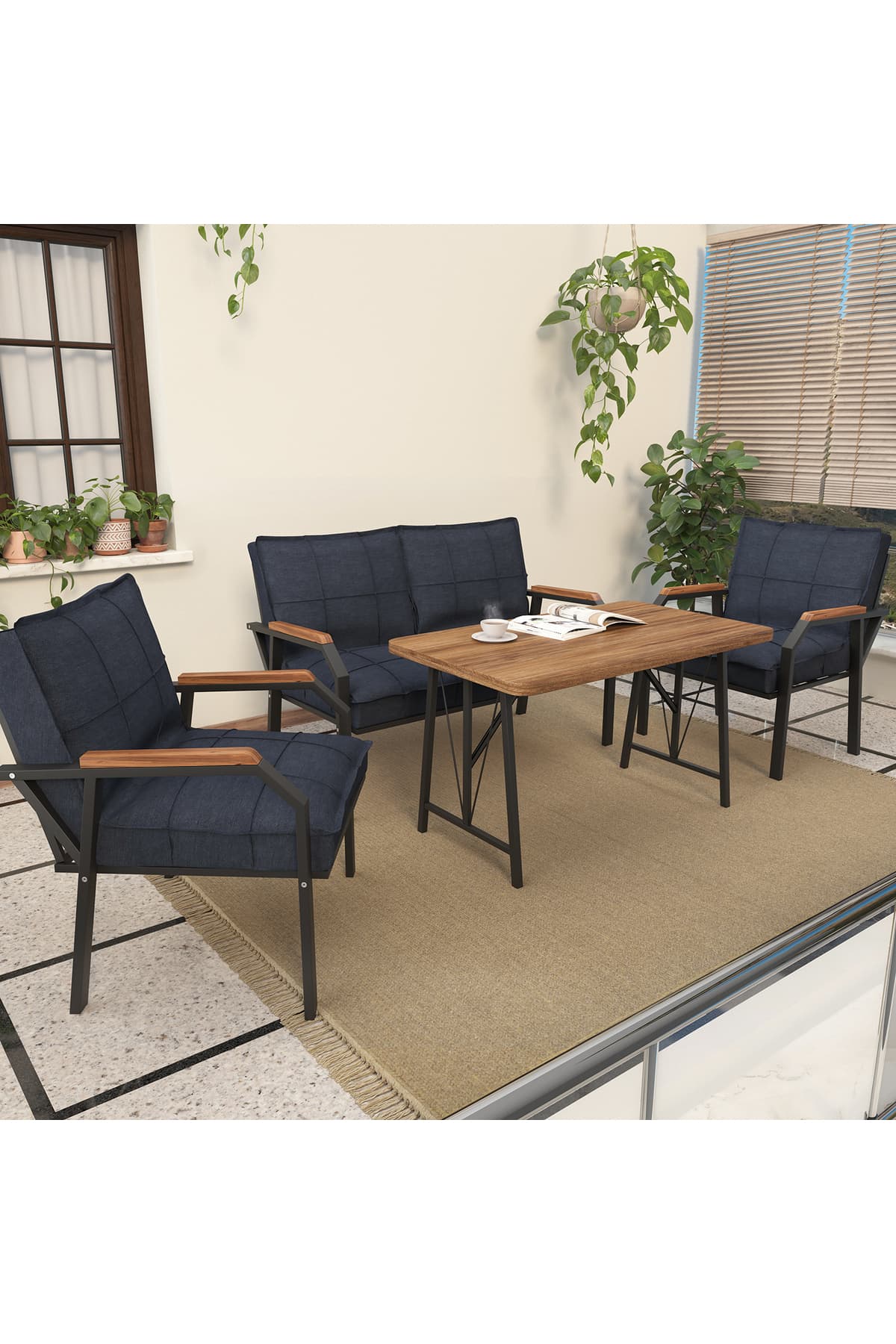 Mygusi Hayal Balkon, Cafe, Metal Kanepe Koltuk Takımı , Bahçe Mobilyası, 2+1+1 + 70x110 Masalı