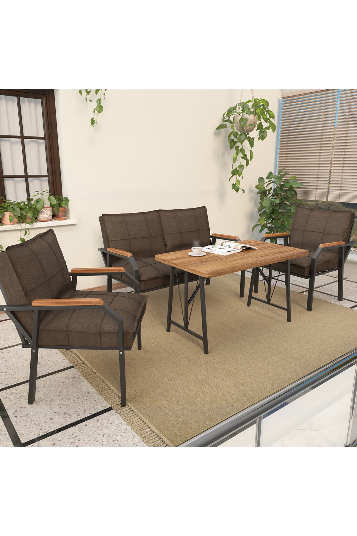 Mygusi Hayal Balkon, Cafe, Metal Kanepe Koltuk Takımı , Bahçe Mobilyası, 2+1+1 + 70x110 Masalı