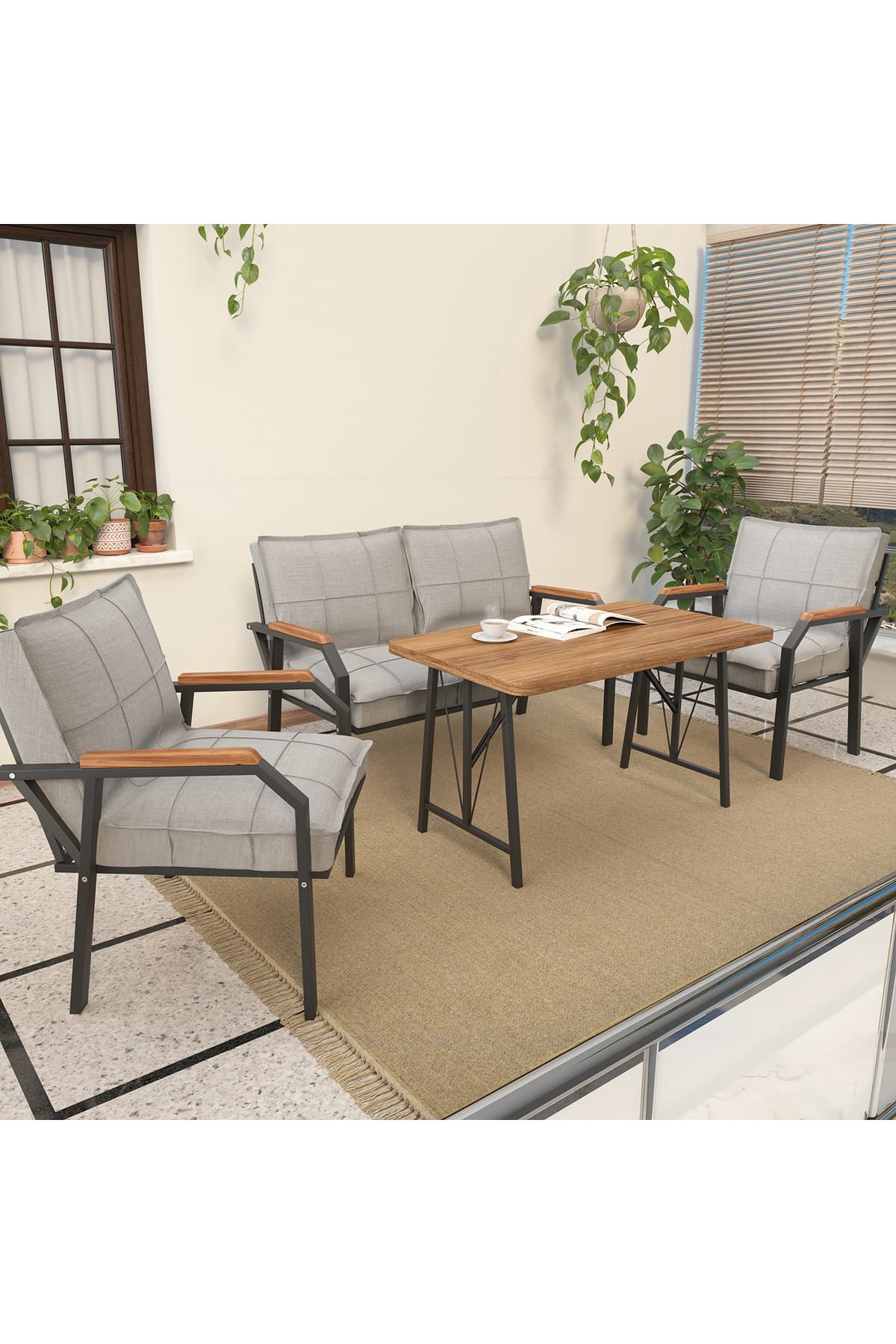Mygusi Hayal Balkon, Cafe, Metal Kanepe Koltuk Takımı , Bahçe Mobilyası, 2+1+1 + 70x110 Masalı