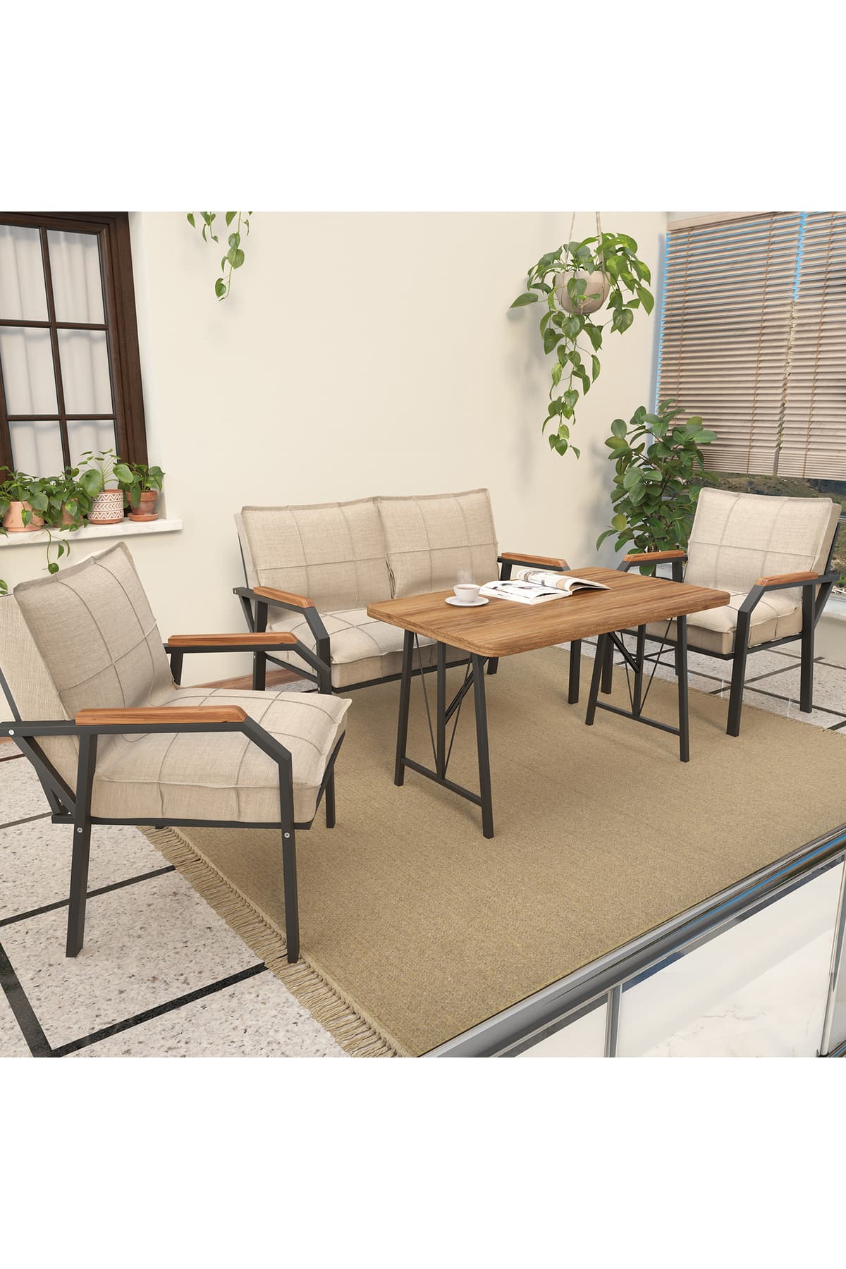 Mygusi Hayal Balkon, Cafe, Metal Kanepe Koltuk Takımı , Bahçe Mobilyası, 2+1+1 + 70x110 Masalı