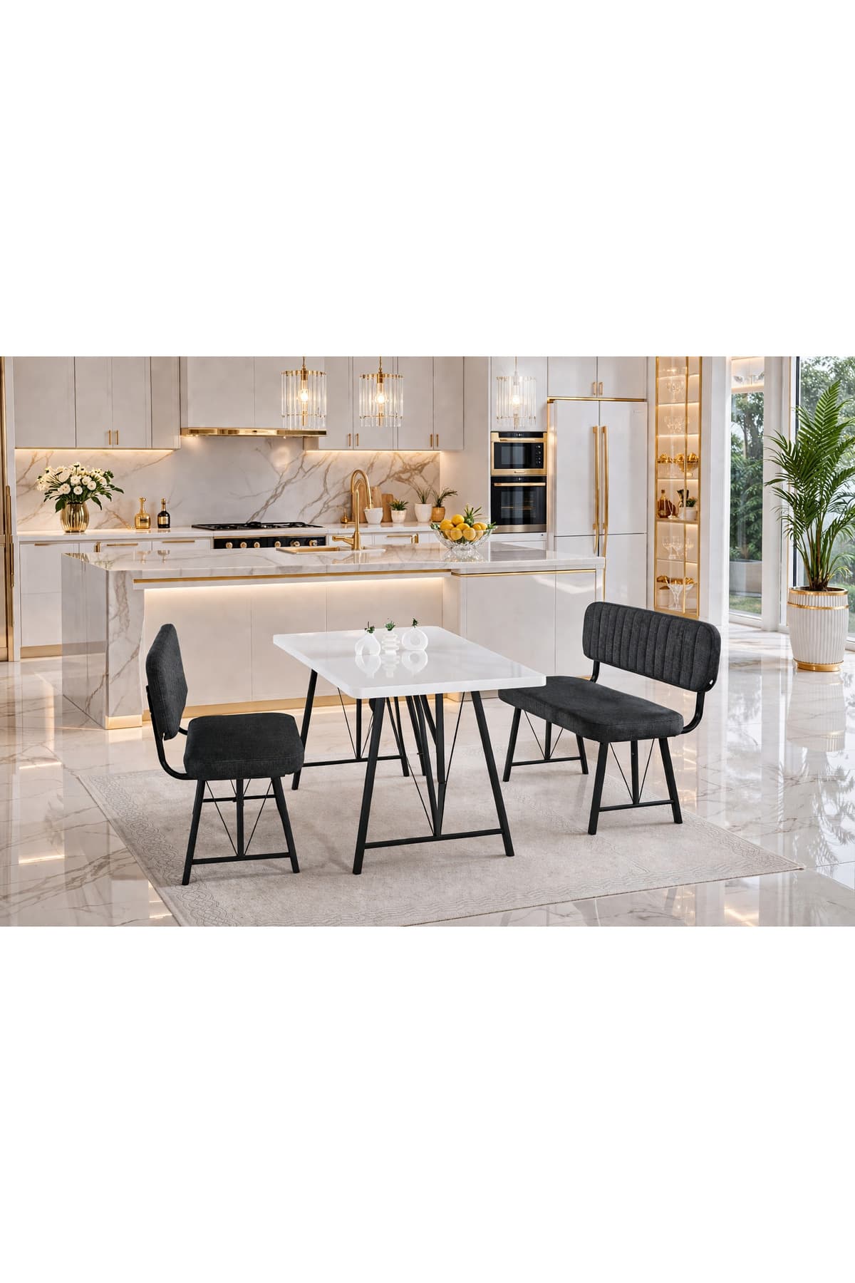 Mygusi Hayat 70x110 Beyaz Mutfak Masası, Mutfak Masası Takımı, Yemek Masası, 2 Benchli - Antrasit