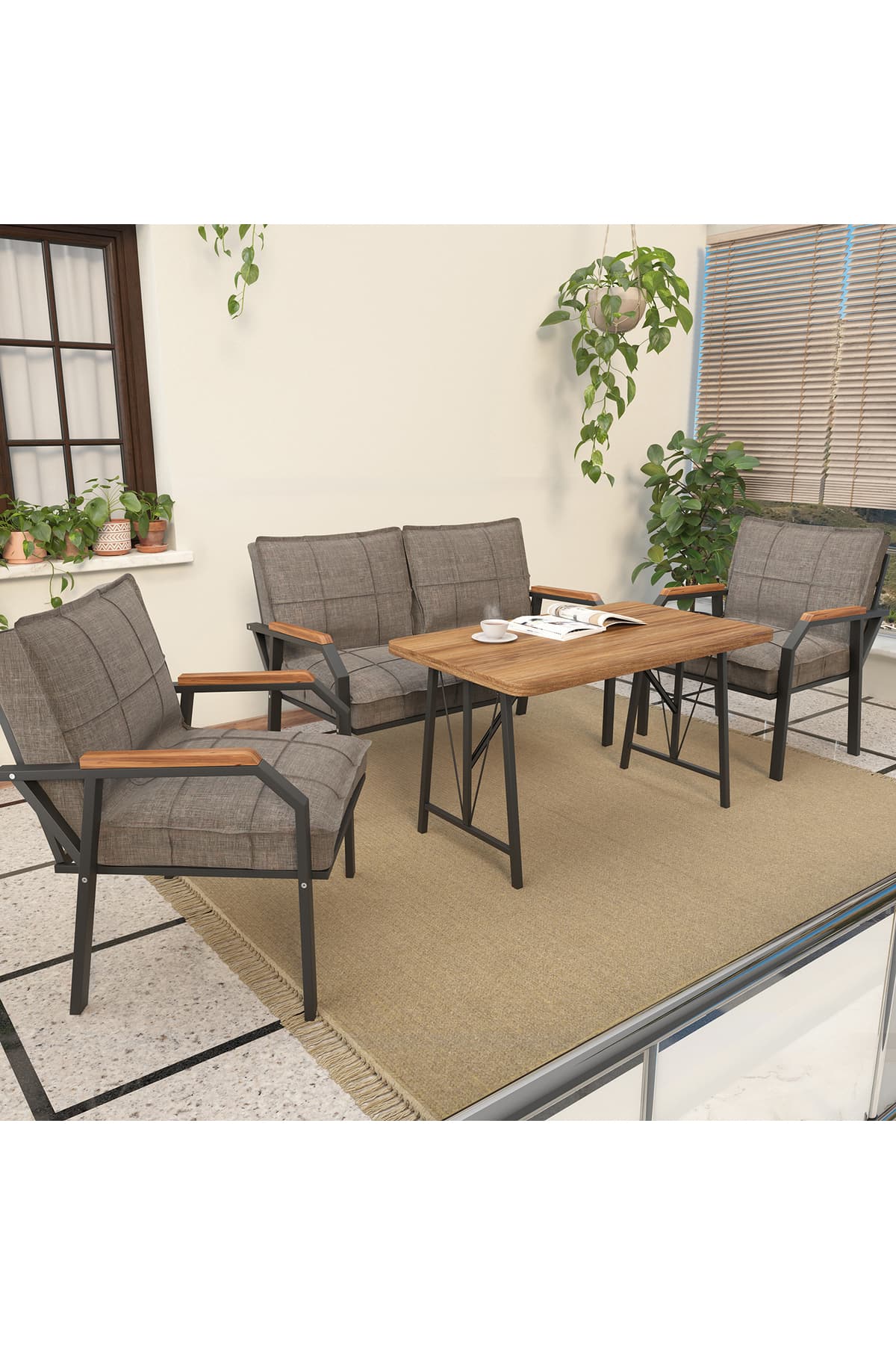 Mygusi Hayal Balkon, Cafe, Metal Kanepe Koltuk Takımı , Bahçe Mobilyası, 2+1+1 + 70x110 Masalı