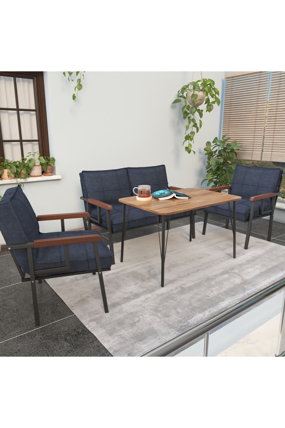 Mygusi Modern Balkon, Bahçe, Cafe - Metal Kanepe Koltuk Takımı - 2+1+1 60x90 cm Masalı - Lacivert