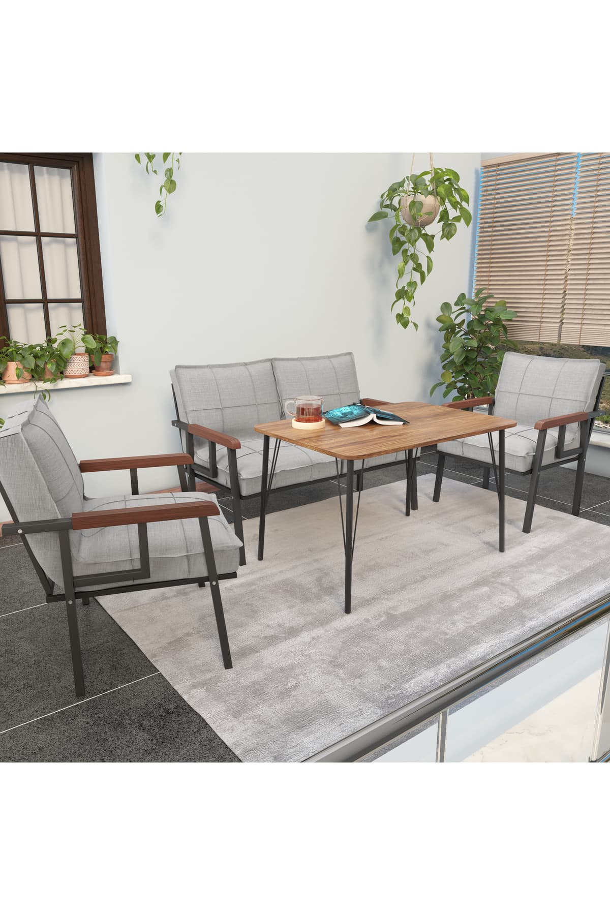 Mygusi Modern Balkon, Bahçe, Cafe - Metal Kanepe Koltuk Takımı - 2+1+1 60x90 cm Masalı - Açık gri