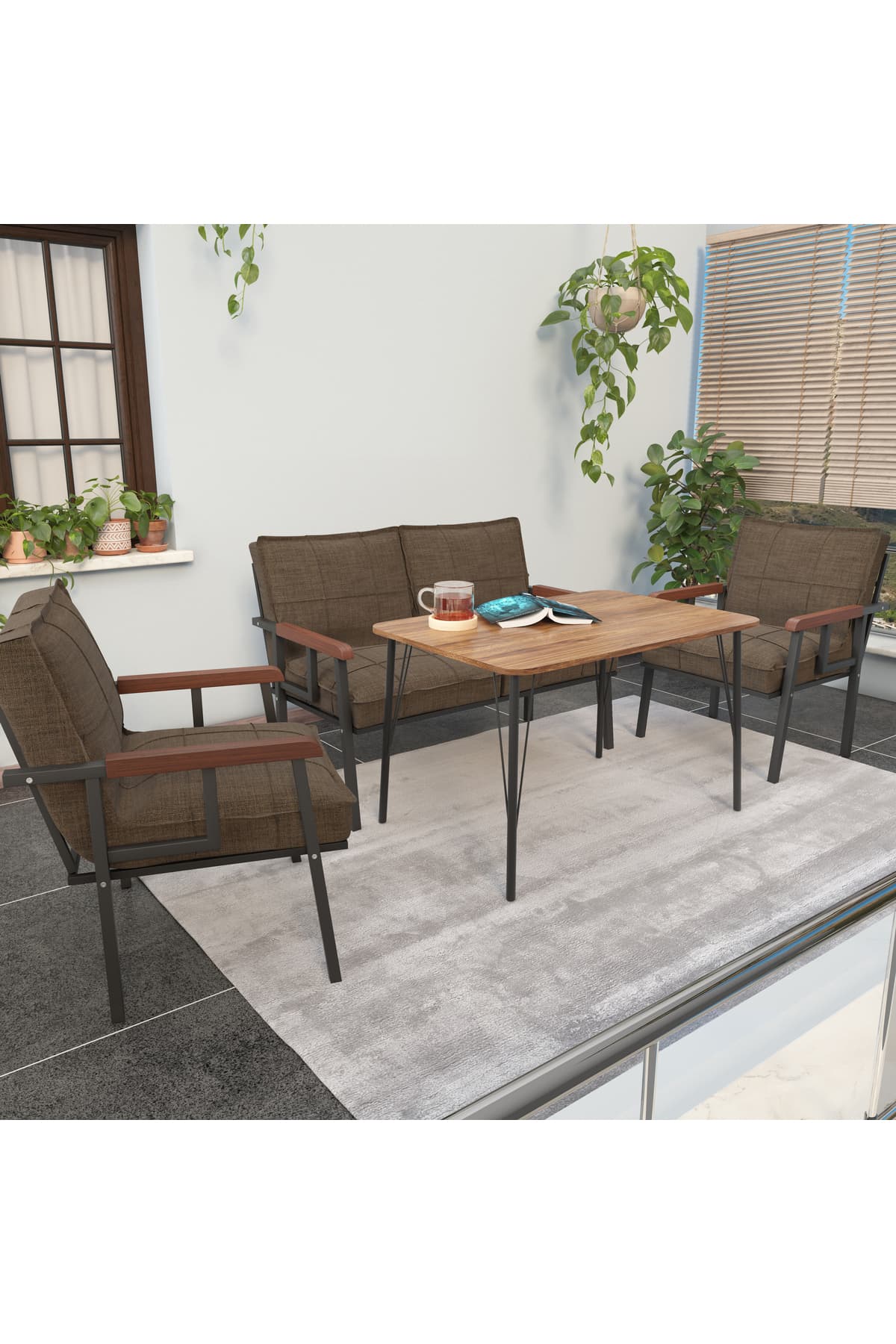 Mygusi Modern Balkon, Bahçe, Cafe - Metal Kanepe Koltuk Takımı - 2+1+1 60x90 cm Masalı - Kahverengi