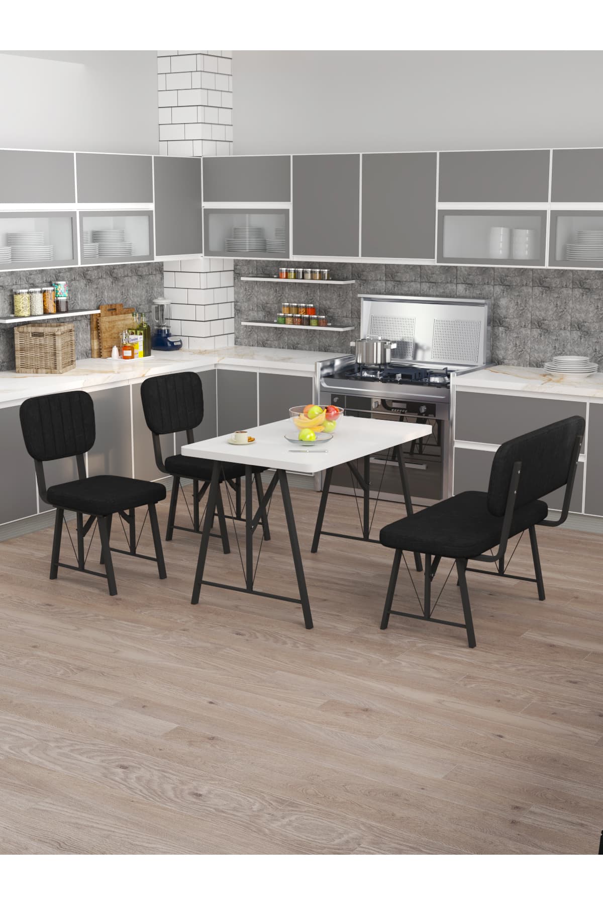 Mygusi Hayat 70x110 Beyaz Mutfak Masası, Mutfak Masası Takımı, Yemek Masası, 2 Sandalye 1 Bench - Siyah