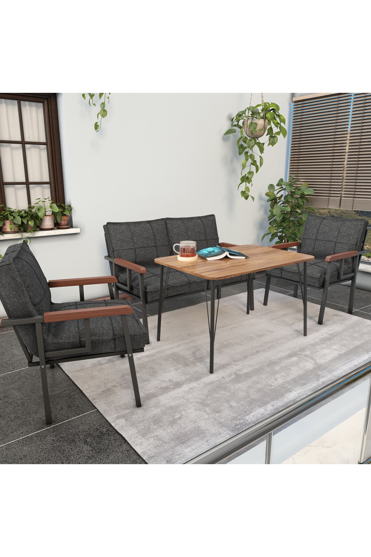 Mygusi Modern Balkon, Bahçe, Cafe - Metal Kanepe Koltuk Takımı - 2+1+1 60x90 cm Masalı - Antrasit