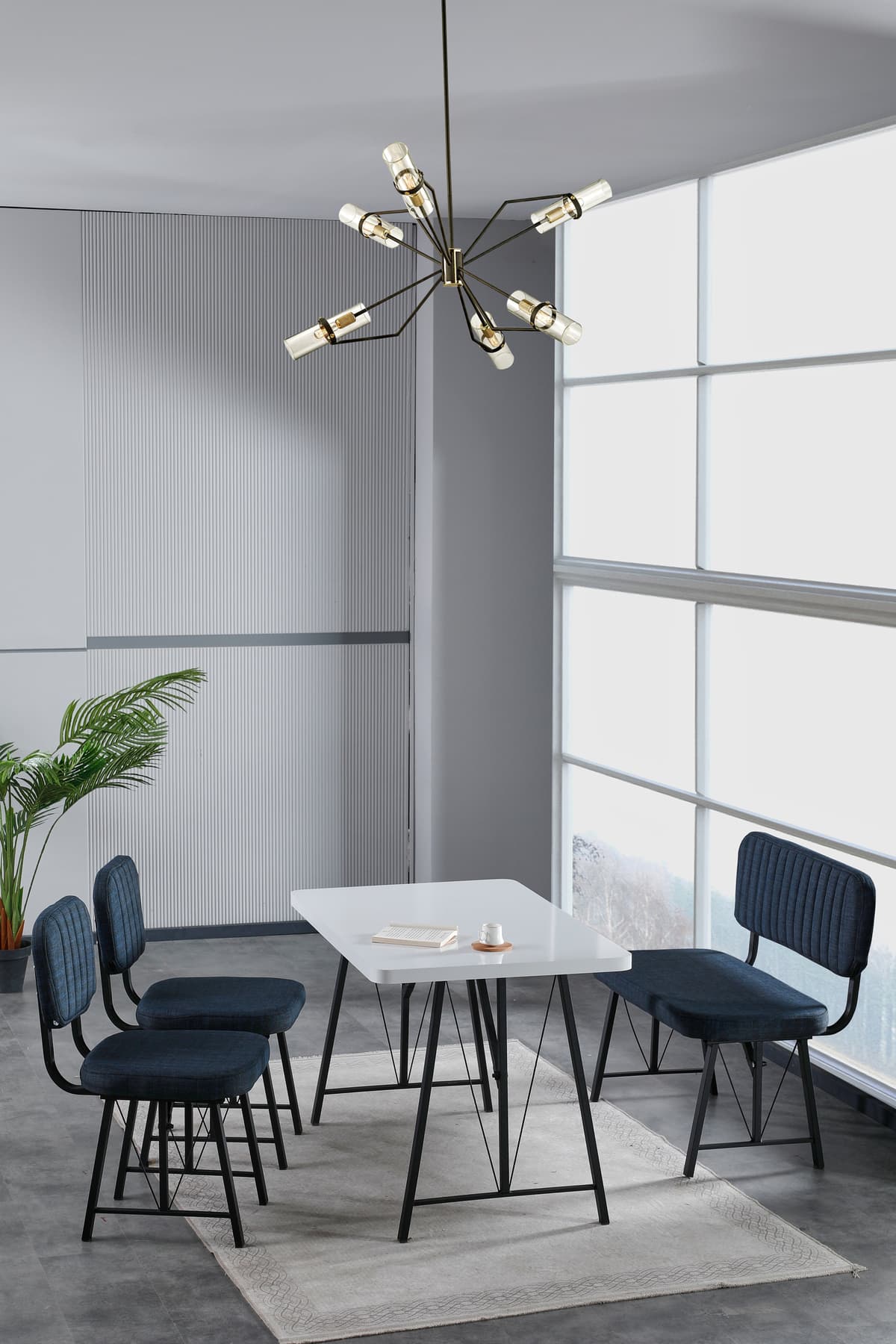 Mygusi Hayat 70x110 Beyaz Mutfak Masası, Mutfak Masası Takımı, Yemek Masası, 2 Sandalye 1 Bench - Lacivert