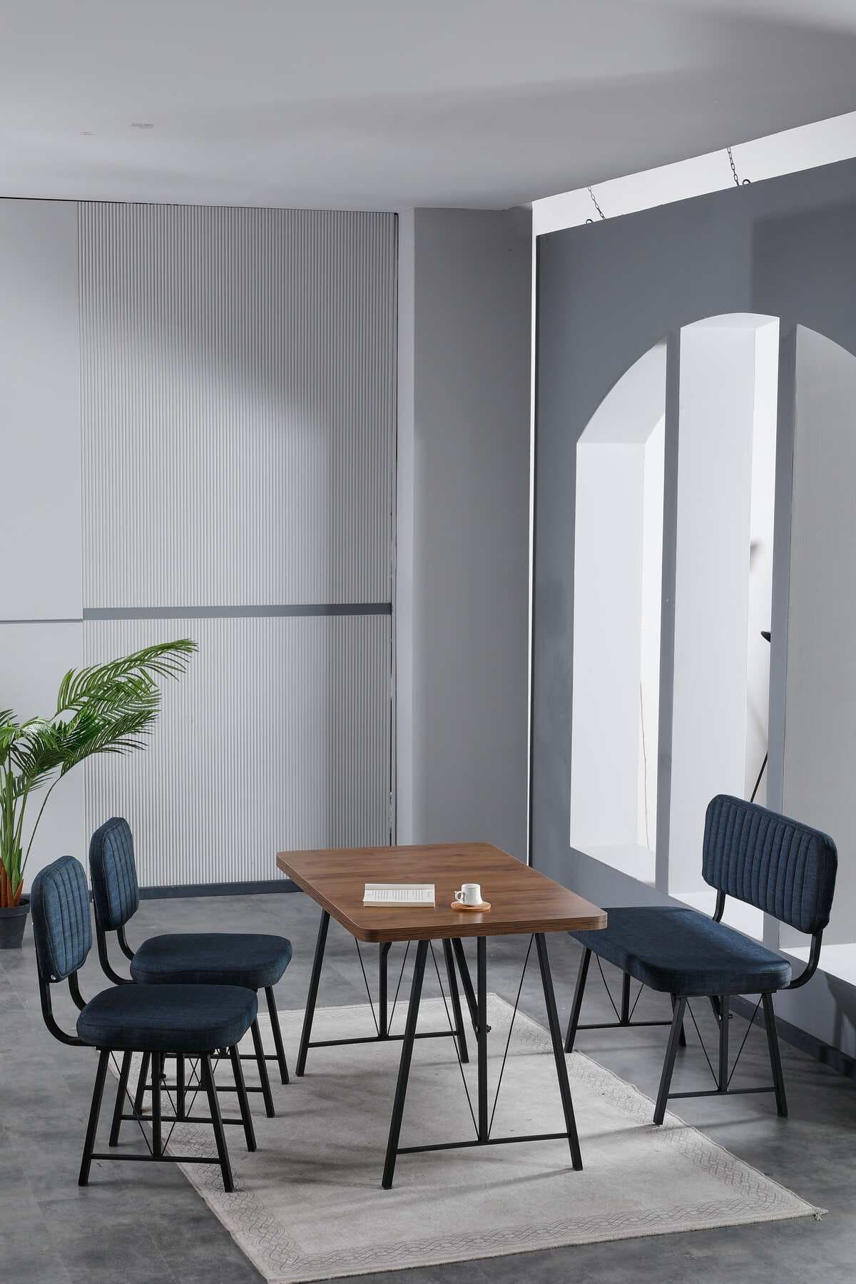 Mygusi Hayat 70x110 Amalfi Mutfak Masası, Mutfak Masası Takımı, Yemek Masası, 2 Sandalye 1 Bench - Lacivert